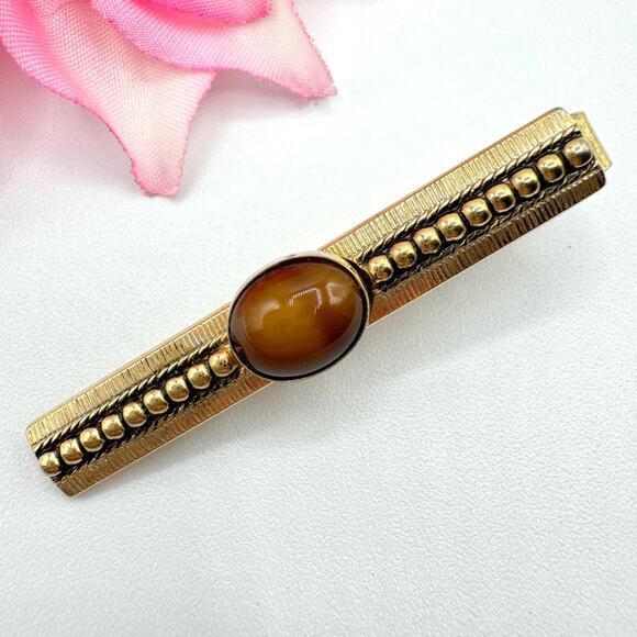 Vintage Anson Brown Cabochon Beaded Textured Gold Tone Tie Clip Bar Signed - Picture 1 of 6